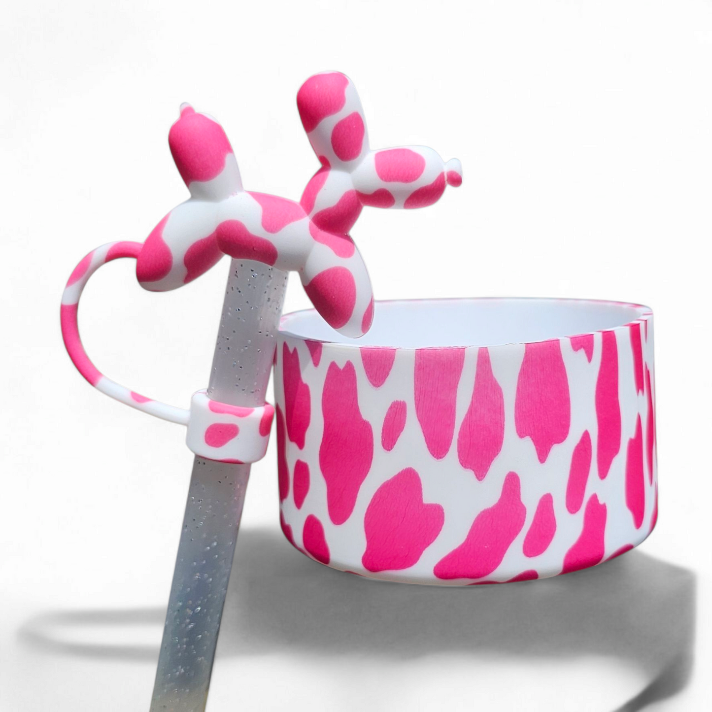 Pink and White Cow Print Balloon Dog Straw Topper and Pink and White Cow Print Silicone Tumbler Boot by Southern Creative Glamour