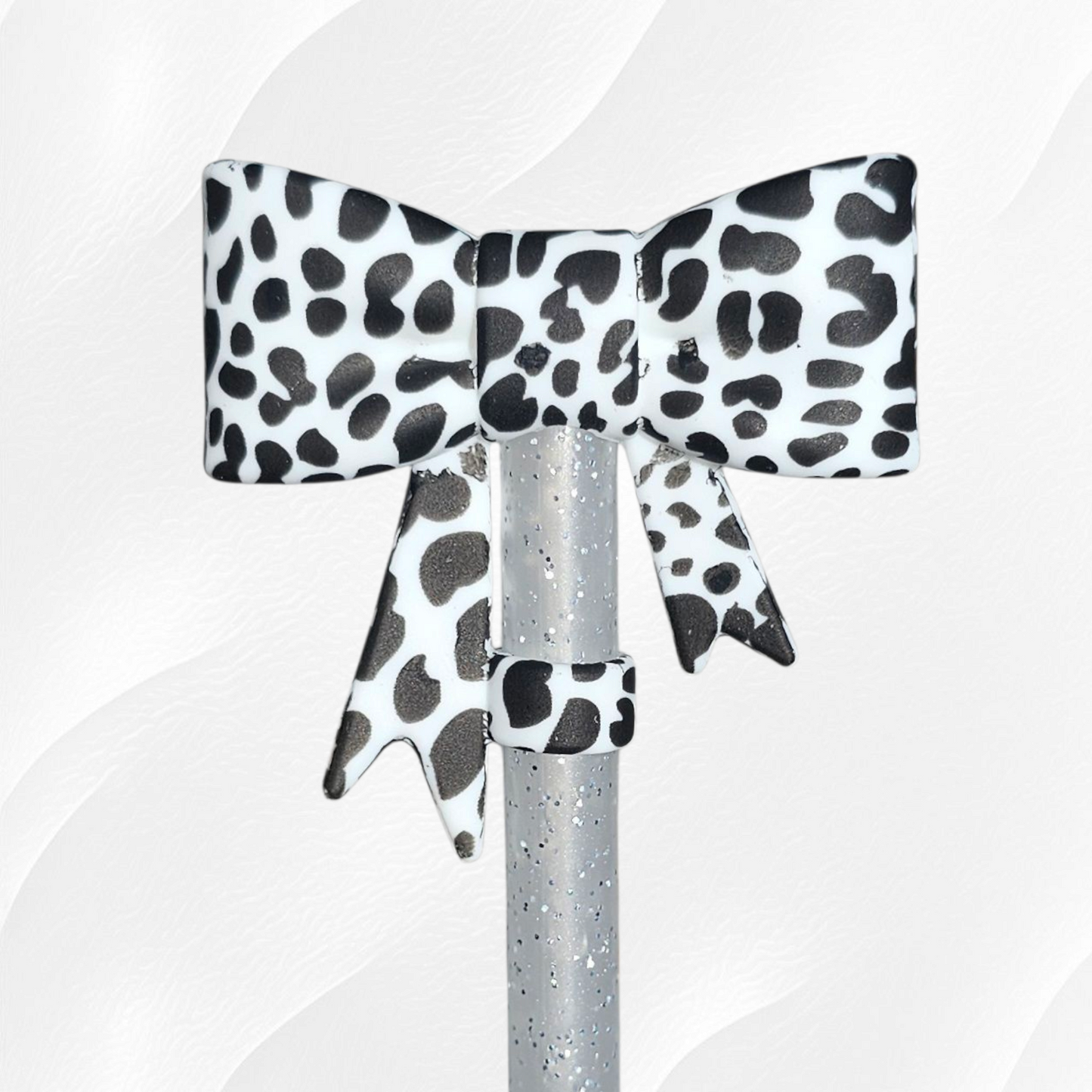 Black and white cow print Bow 3D Silicone 10mm Straw Topper by Southern Creative Glamour