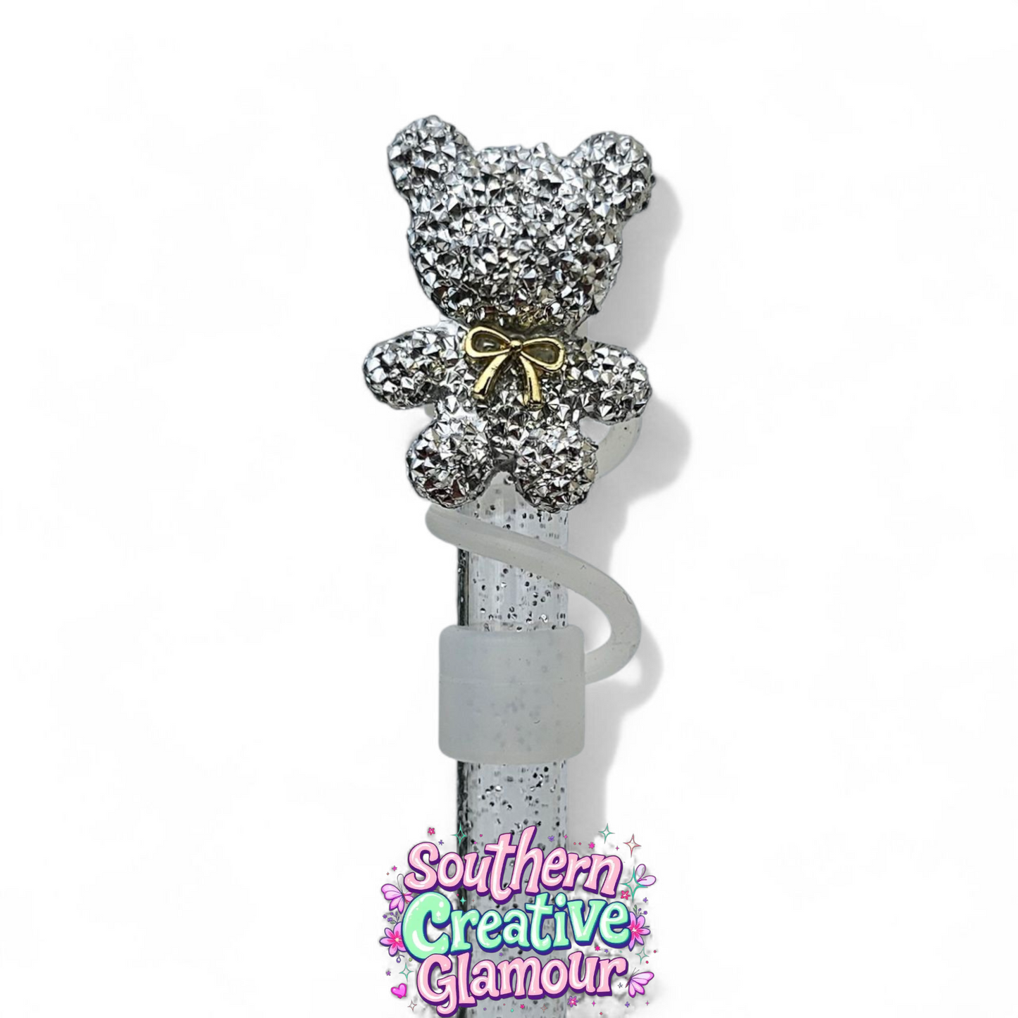 Charcoal Black Crystal Bear 10mm Straw Topper | Tumbler Accessory by Southern Creative Glamour