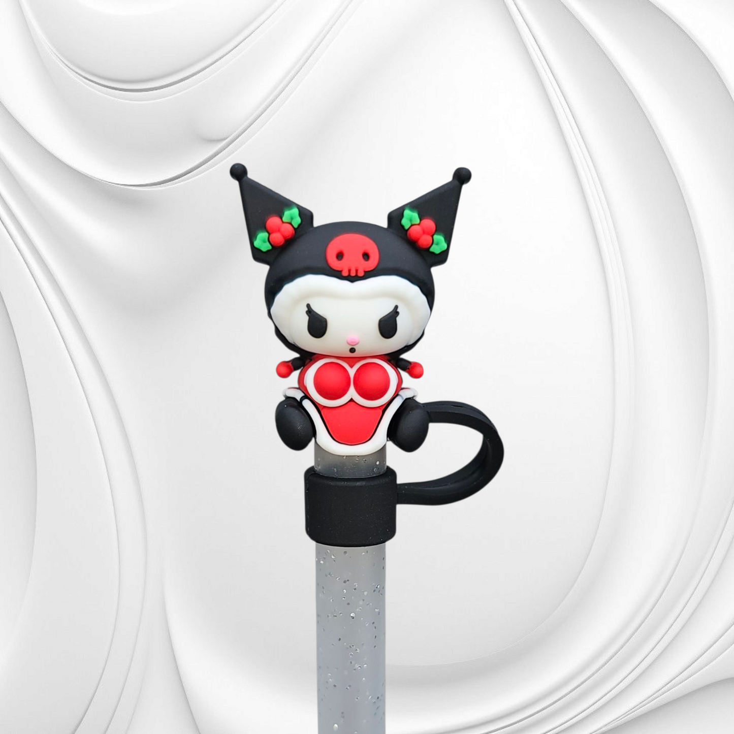 Winter Holiday | Christmas Red, Black, and White Kuromi inspired 3D Silicone Straw Topper