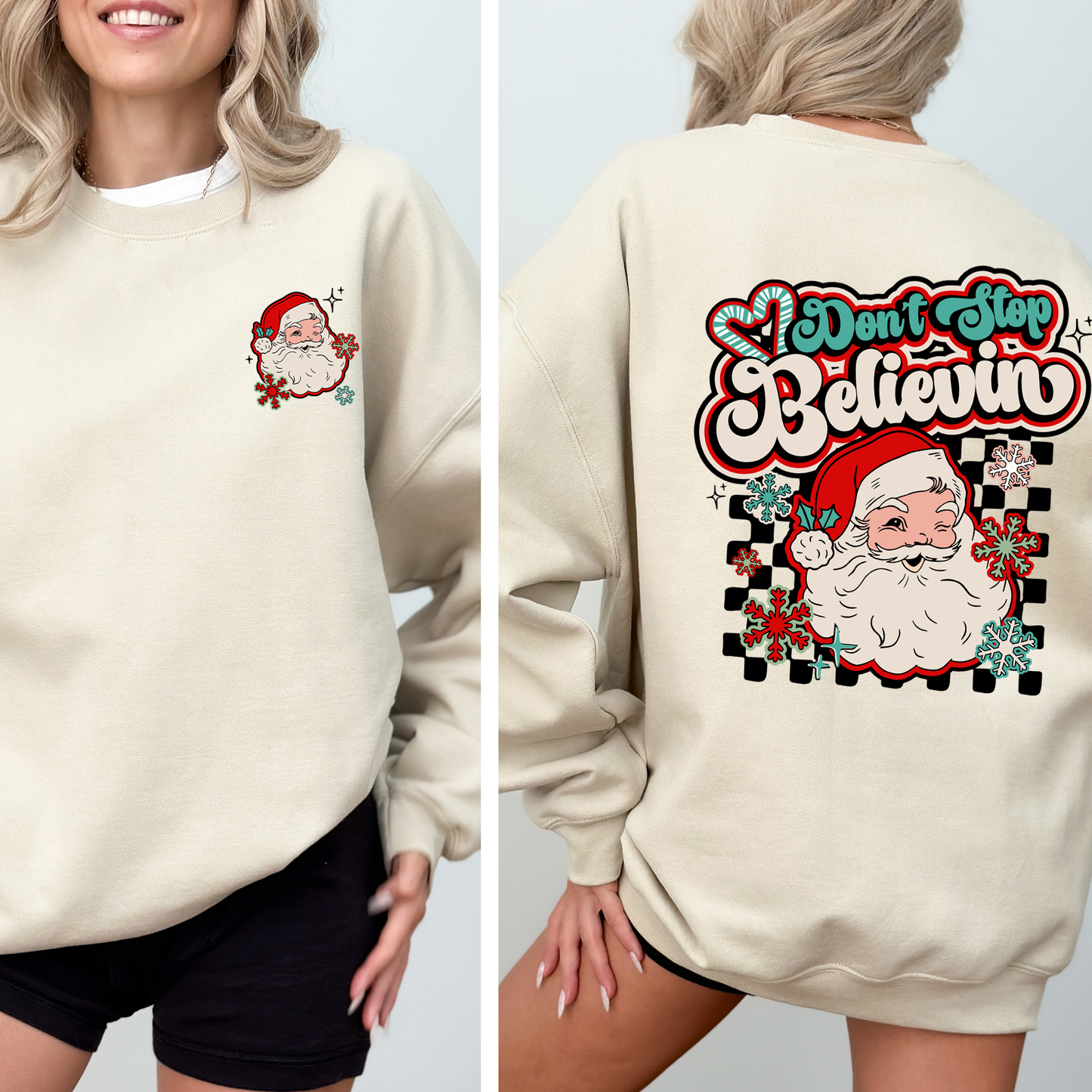 Cream Don't Stop Believin, Santa, Retro, Checkered, Christmas, Front and Back Sweatshirt