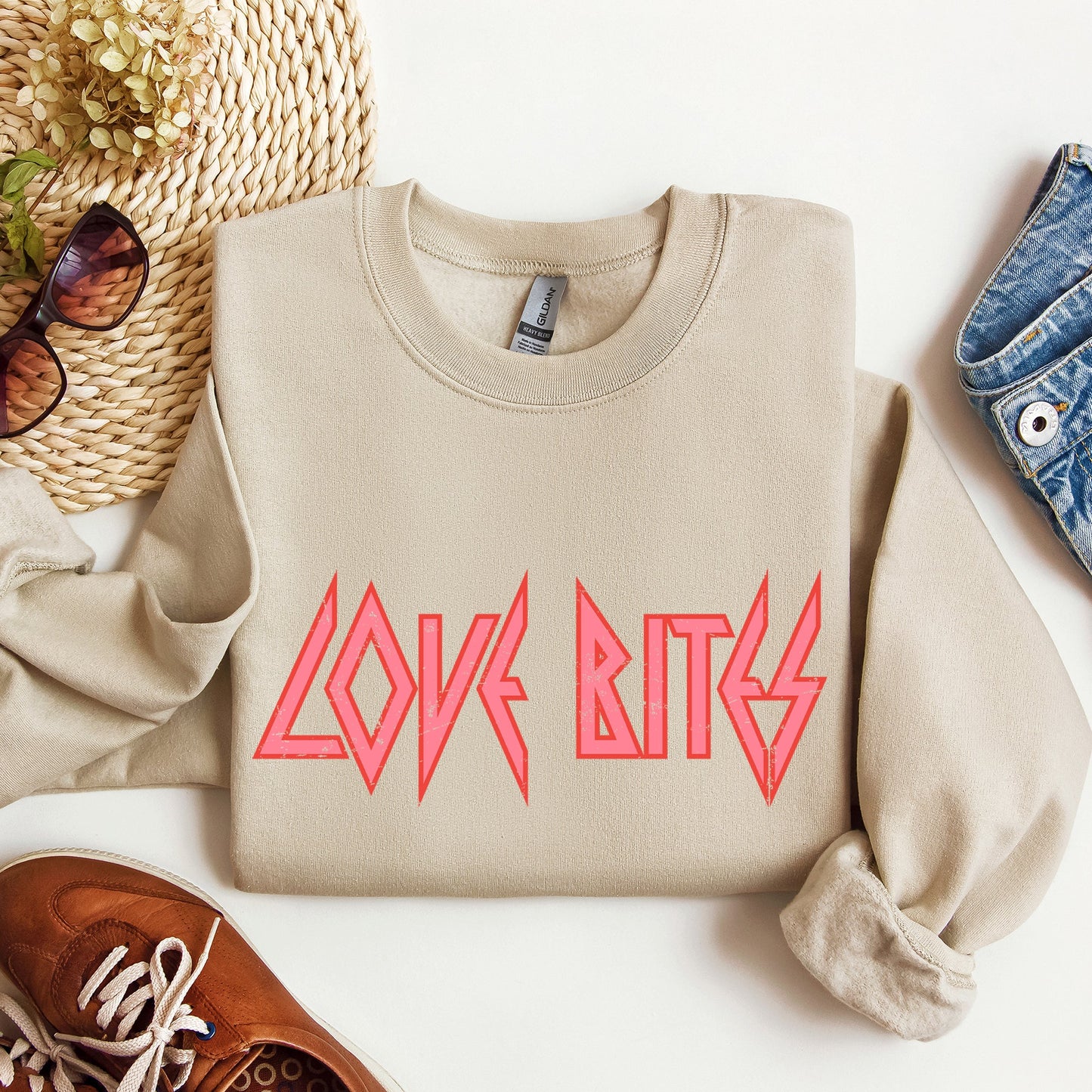 Cream Love Bites Rock Sweatshirt – Retro 80s Valentine’s Day Music Lover Crewneck