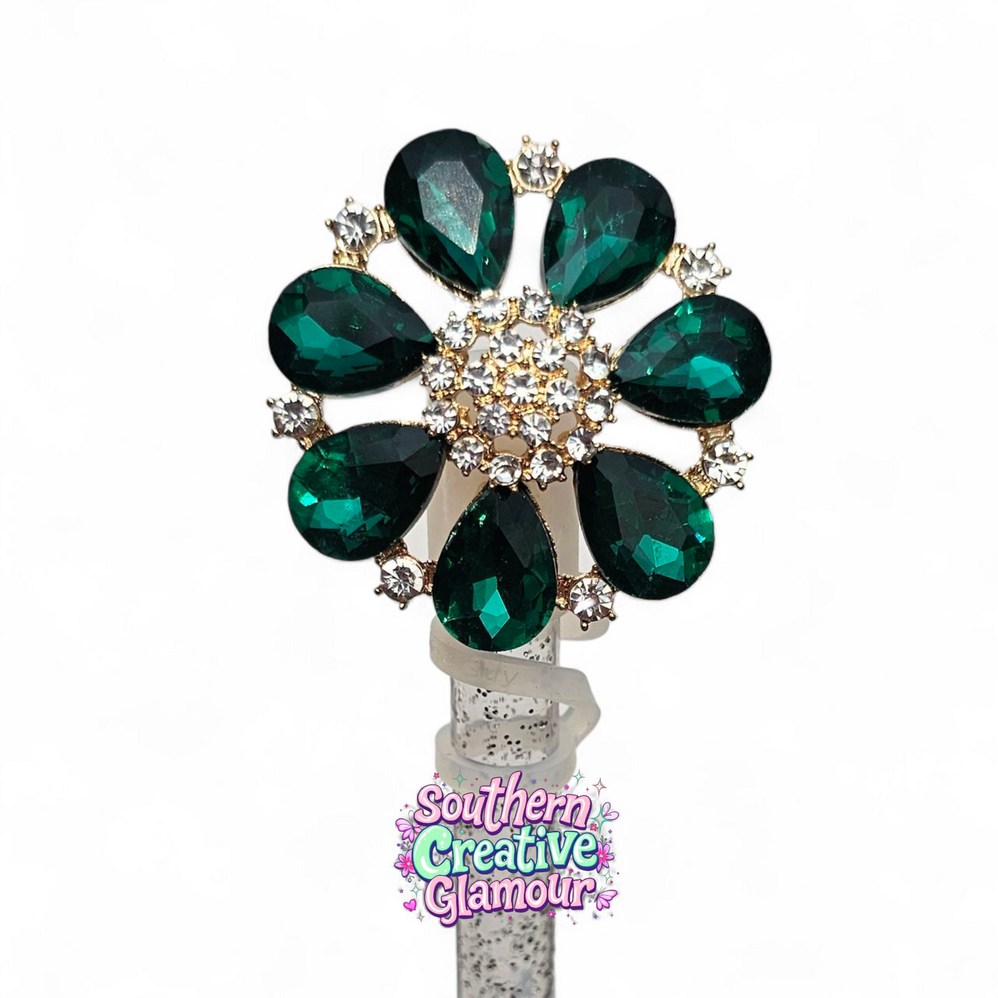 Emerald Green Crystal Flower 10mm Straw Topper | 10mm Straw Cover by Southern Creative Glamour