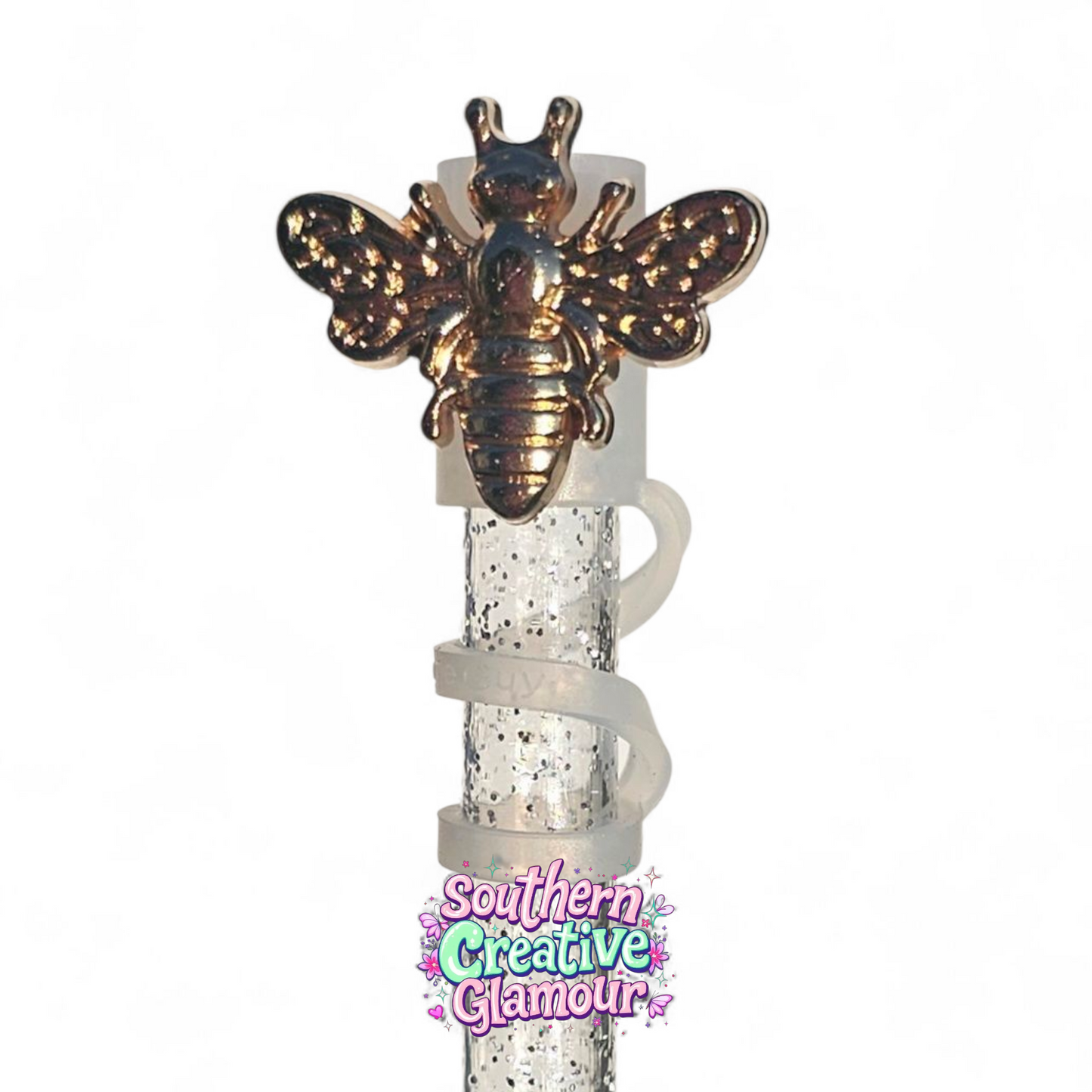 Gold Honey Bee Silicone 10mm Straw Topper by Southern Creative Glamour
