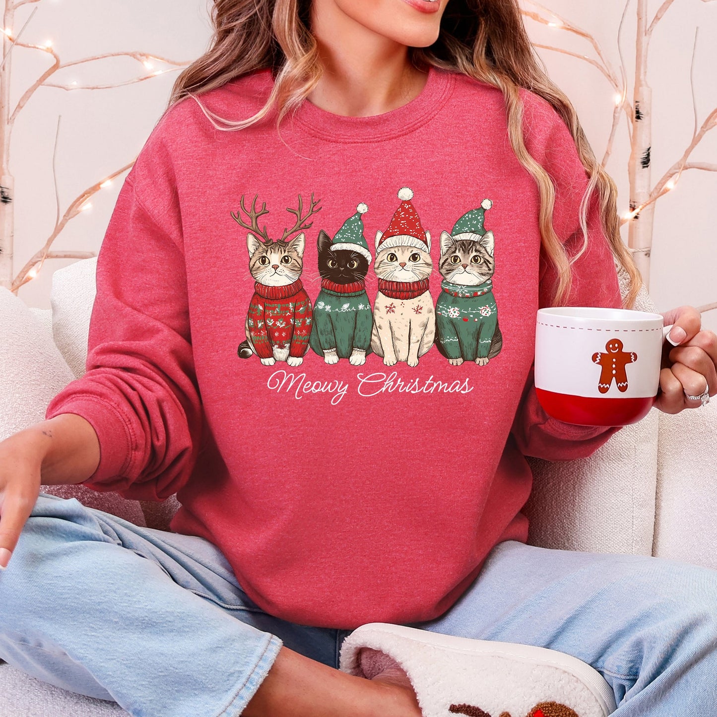 Heather Red Meowy Christmas, Cats, Cute, Santa, Pets Sweatshirt