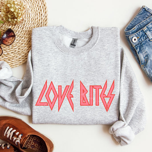 Light Ash Gray Love Bites Rock Sweatshirt – Retro 80s Valentine’s Day Music Lover Crewneck