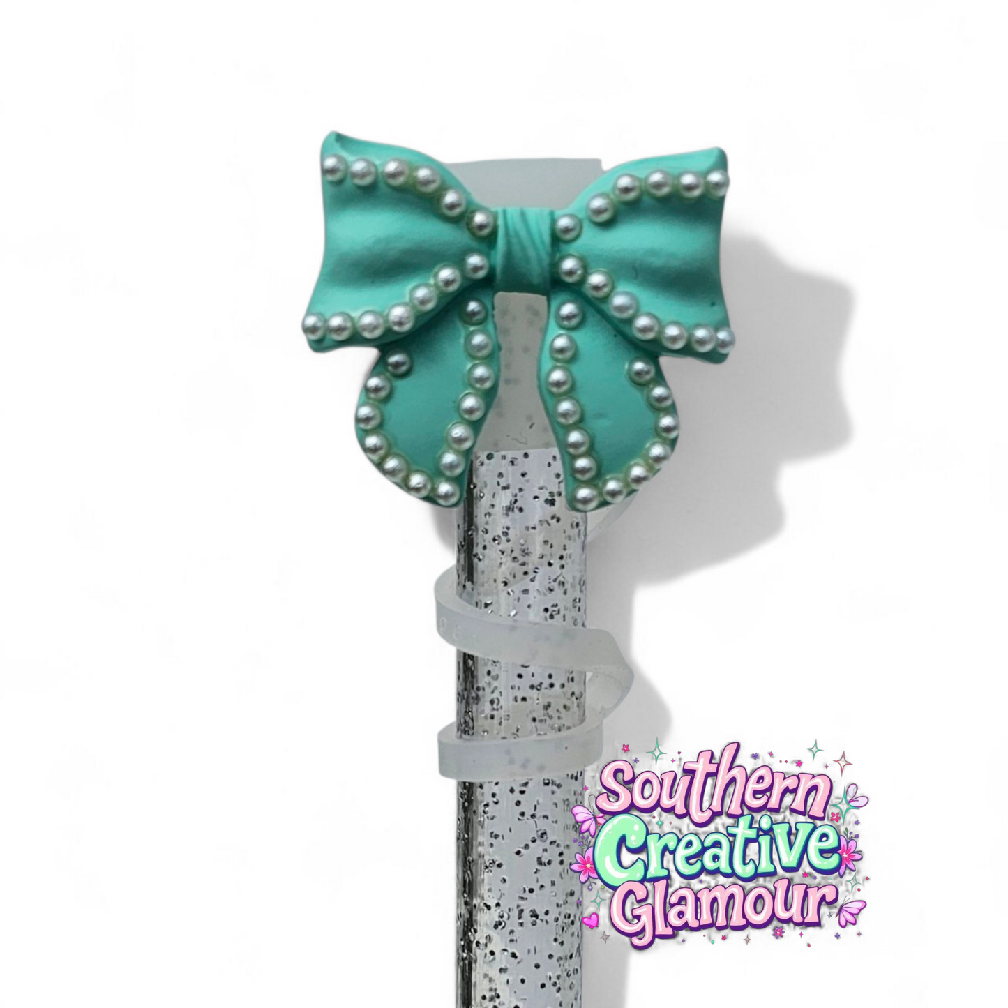 Mint Green Beaded Pearl Bow Straw Toppers by Southern Creative Glamour