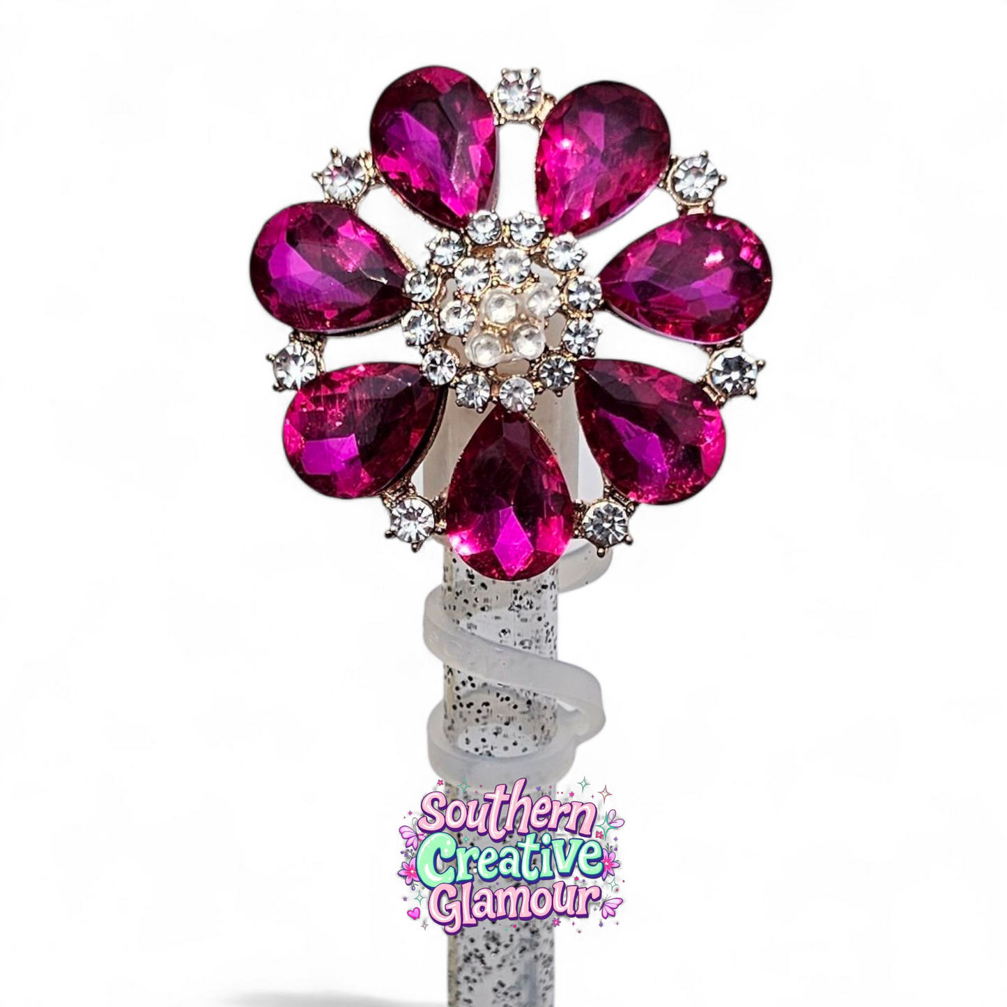 Passion Pink Crystal Flower 10mm Straw Topper | 10mm Straw Cover by Southern Creative Glamour