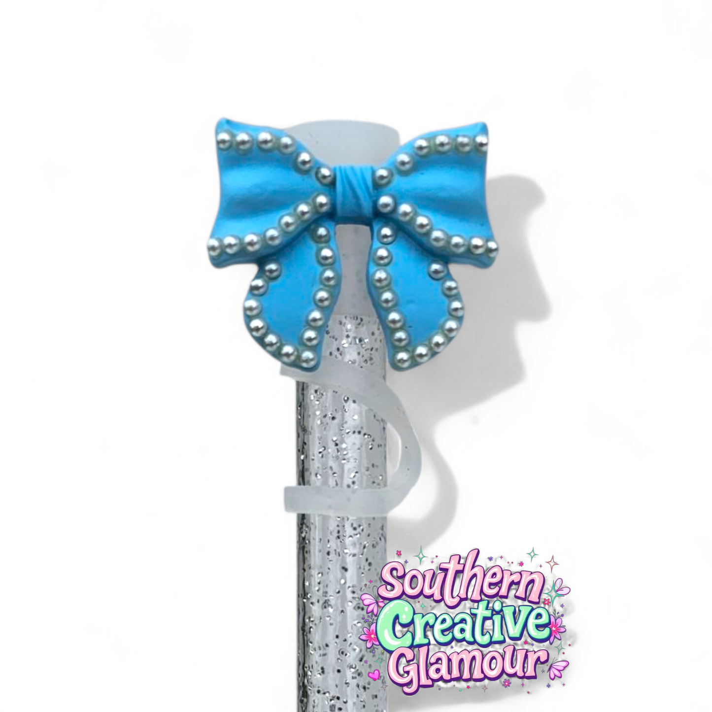 Perspective Blue Beaded Pearl Bow Straw Toppers by Southern Creative Glamour