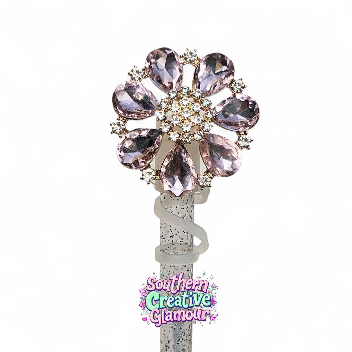 Purple Crystal Flower 10mm Straw Topper | 10mm Straw Cover by Southern Creative Glamour