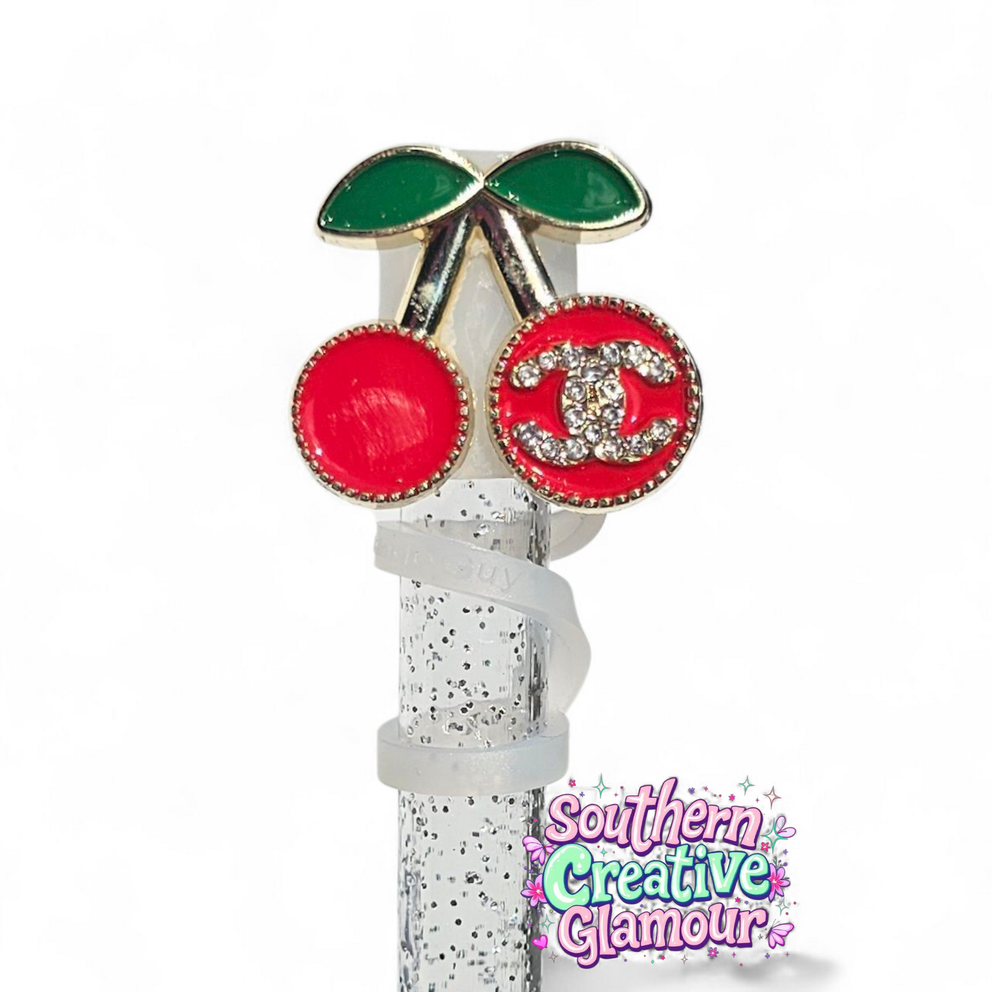Designer Red Diamond Cherries 10mm Straw Topper with Clear Silicone Straw Topper Base by Southern Creative Glamour