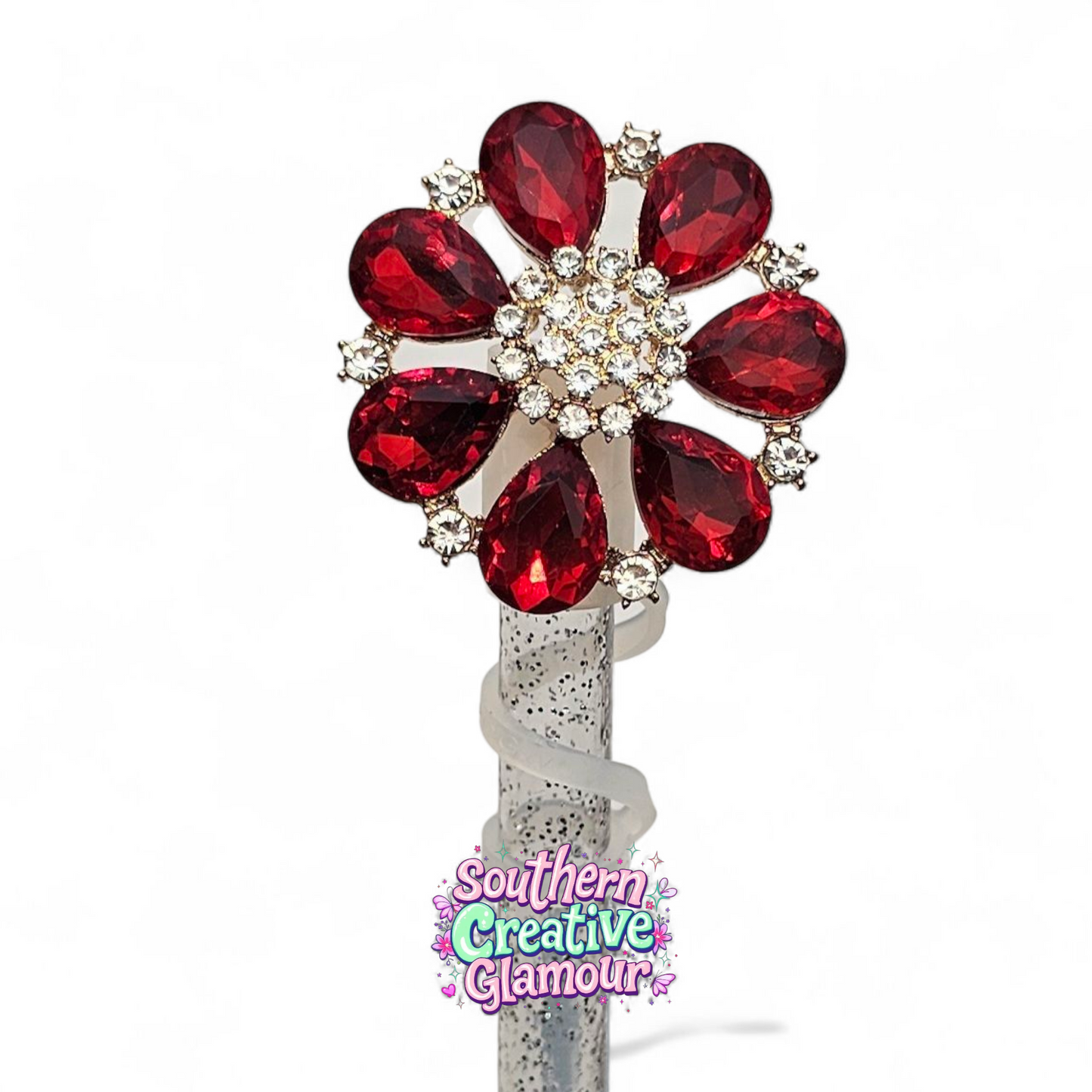 Red Crystal Flower 10mm Straw Topper | 10mm Straw Cover by Southern Creative Glamour