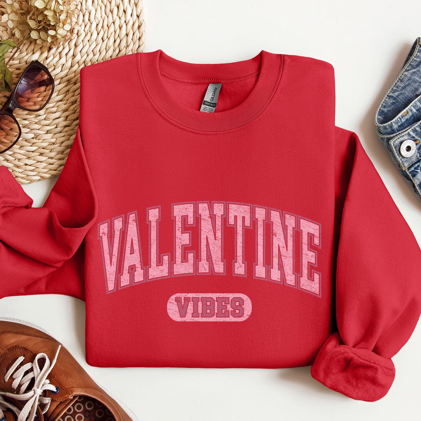 Red Valentine Vibes College Style Sweatshirt – Cute Valentine Crewneck