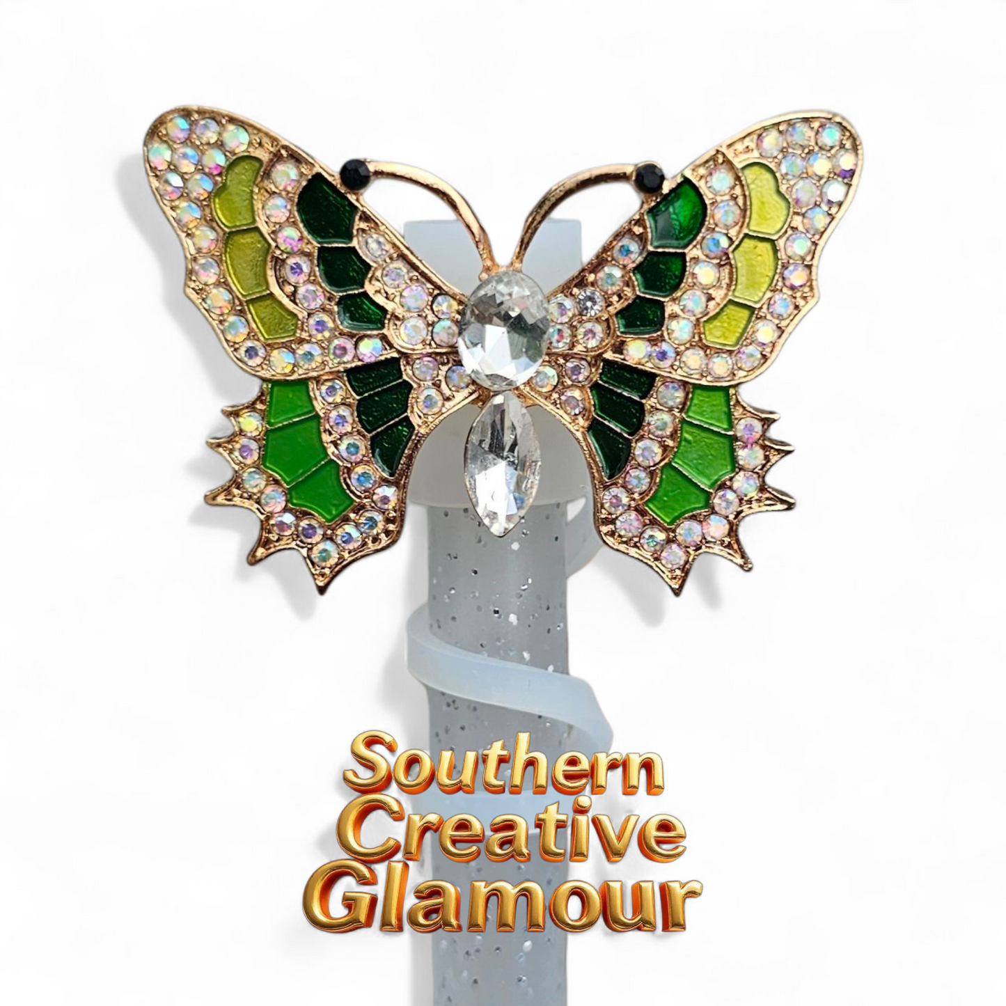 Luxury metal gold, green, and diamond butterfly straw topper - straw cover by Southern Creative Glamour