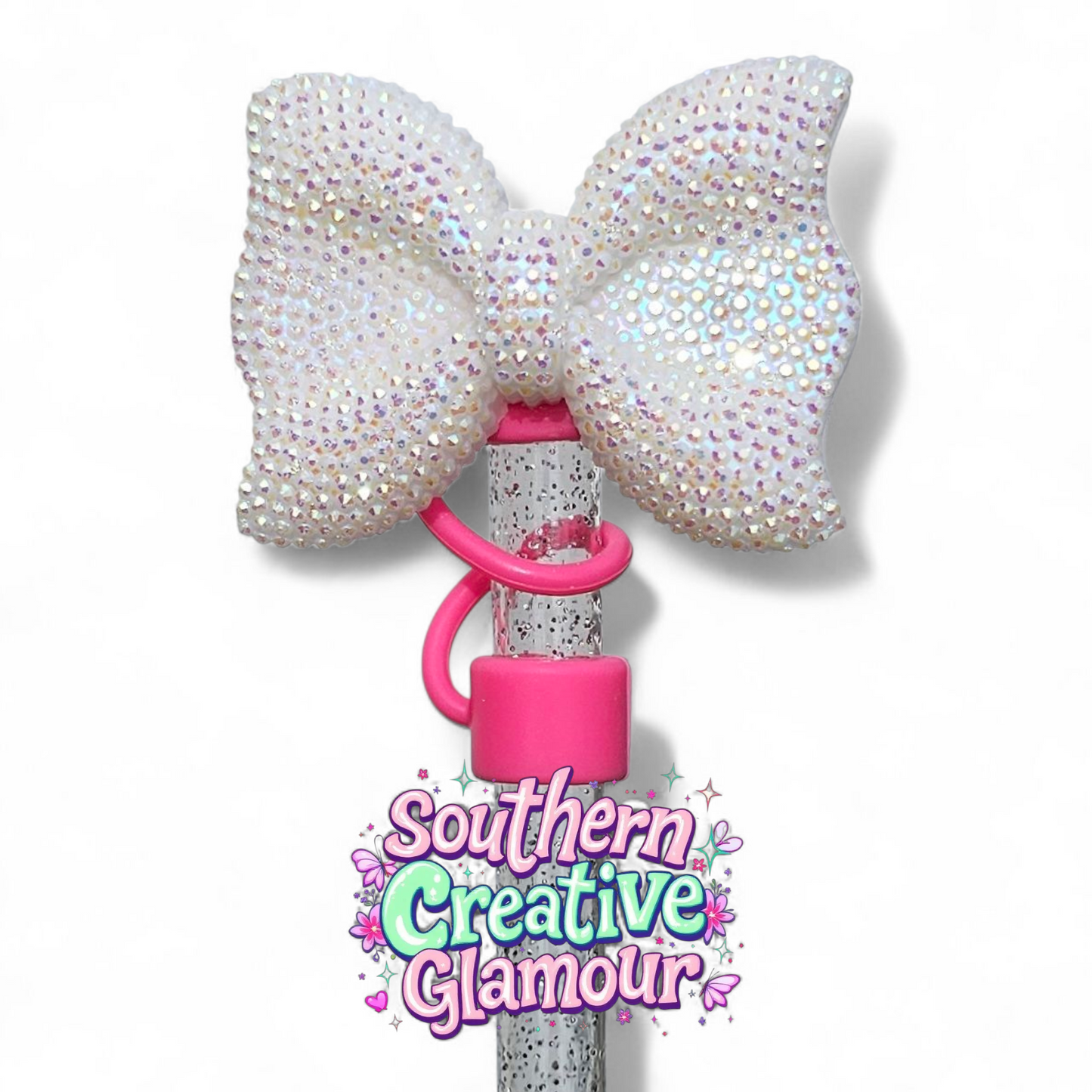 White Glitter Bow Tie Silicone Straw Topper with hot pink 10mm Silicone Straw Topper Cap by Southern Creative Glamour