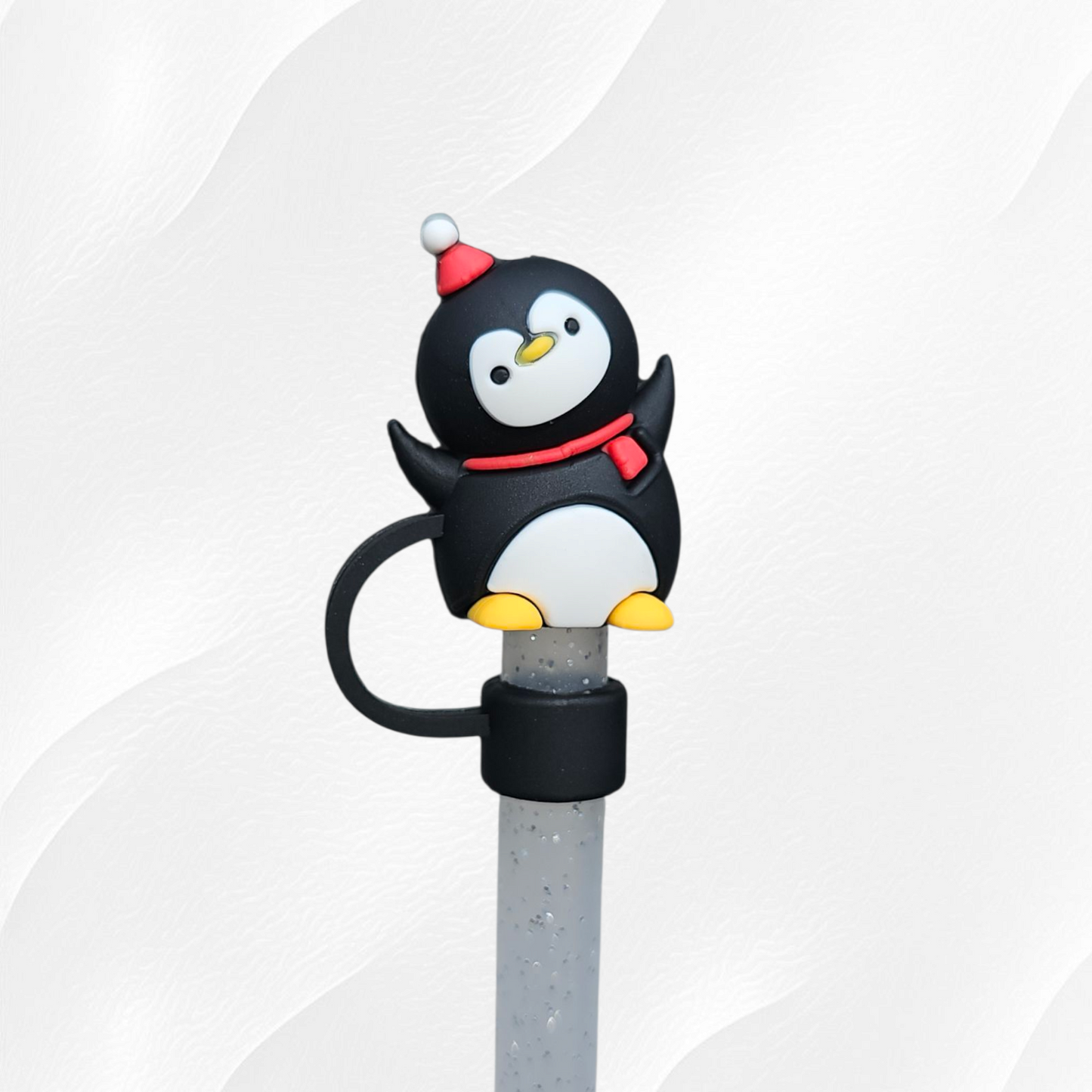 Holiday Black and White Penguin 3D Silicone Straw Topper