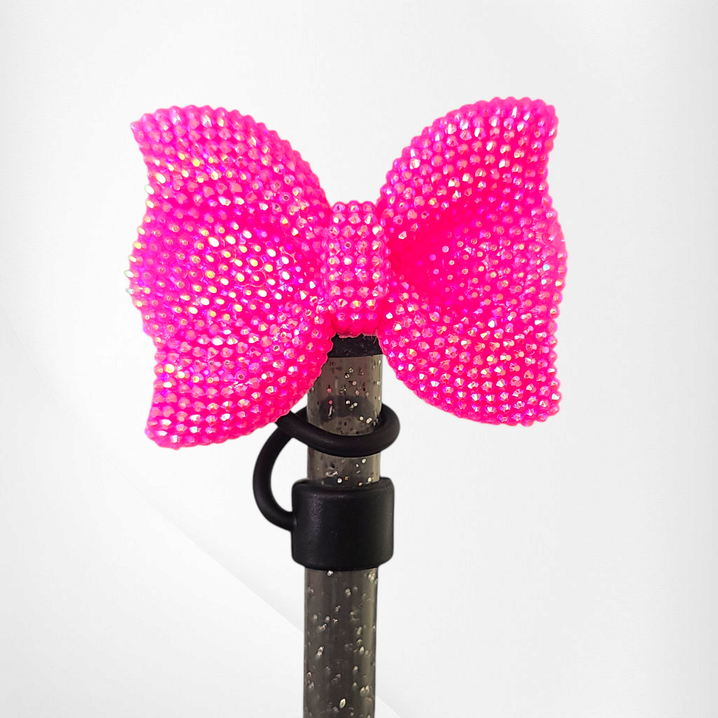 Hot Pink and Black Glitter Bow Silicone Straw Topper - Straw Cover. Fits 10mm and Stanley Straws.