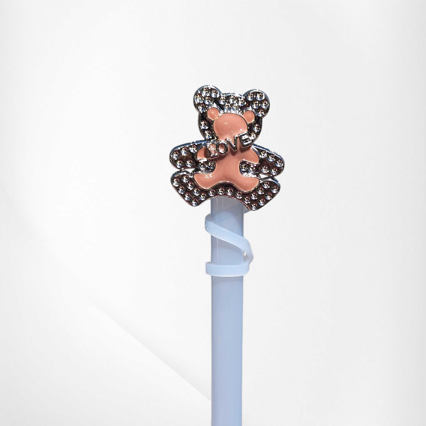 Brown teddy bear love silicone straw topper - straw cover.