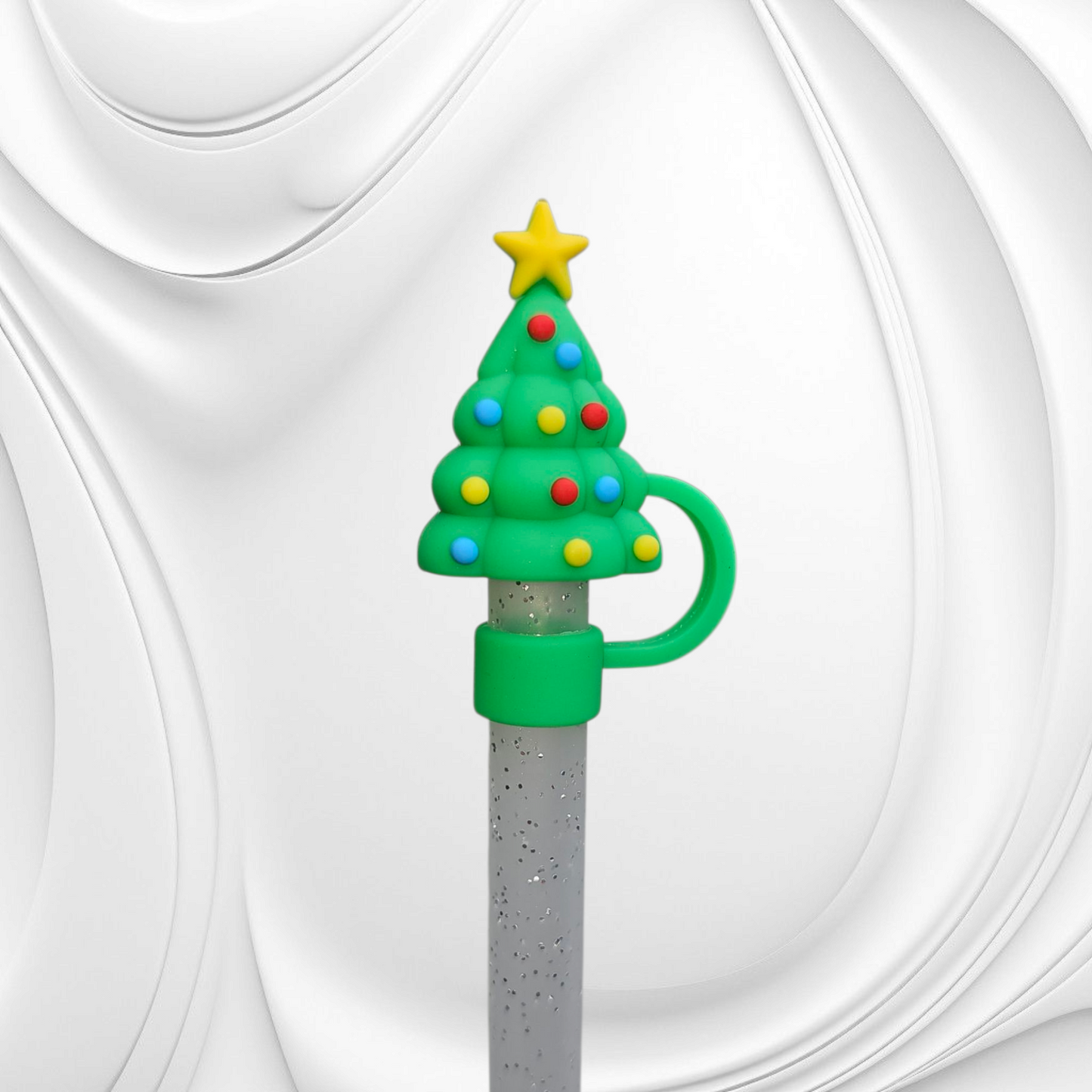 Green Christmas Tree with Star and Lights 3D Silicone Straw Topper