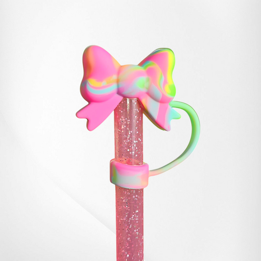 Tye-Die fun bow straw topper - straw cover. Colors are pink, yellow, green, and Teal by Southern Creative Glamour