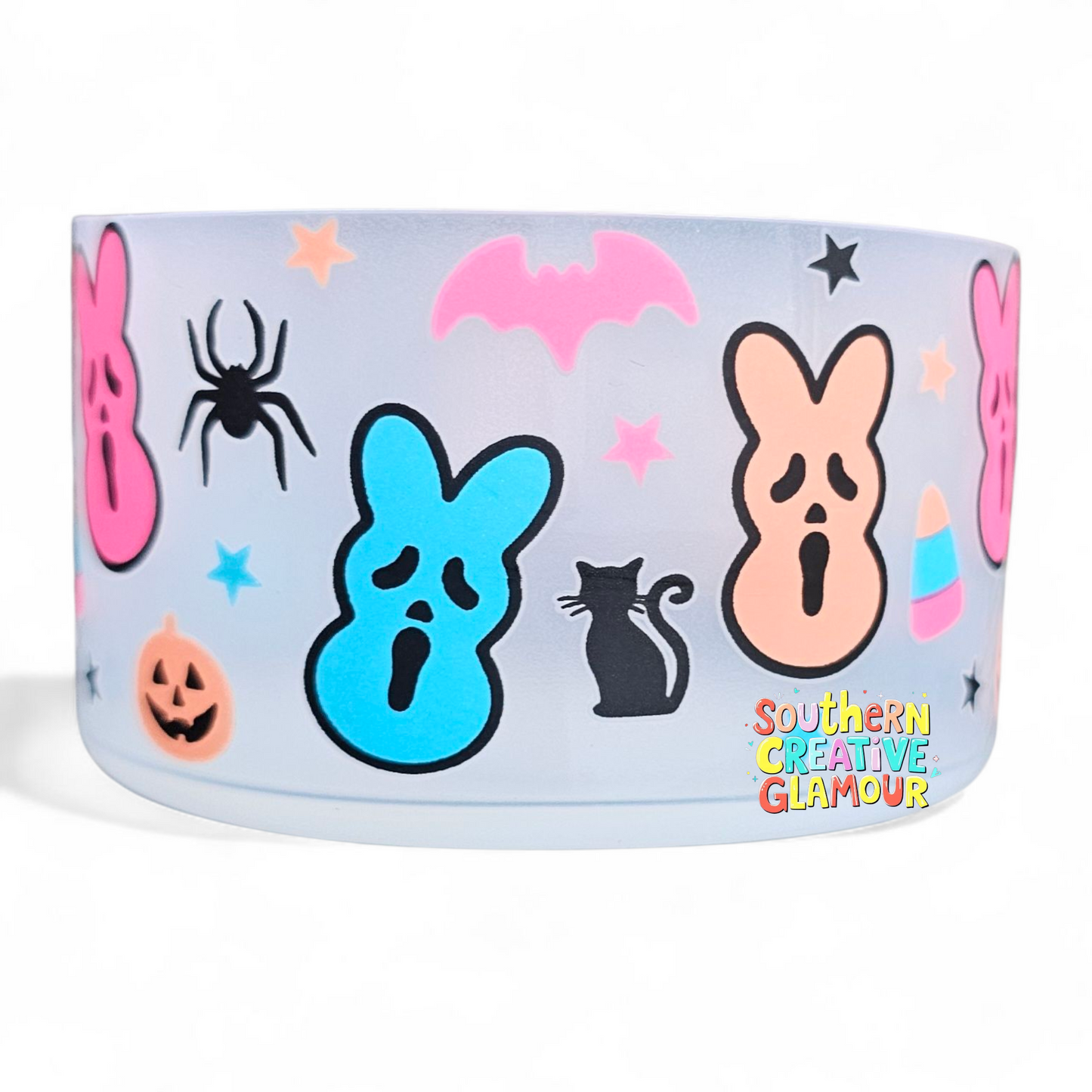 Pink, blue, orange Ghost Face Halloween Bunny Silicone Tumbler Boot by Southern Creative Glamour