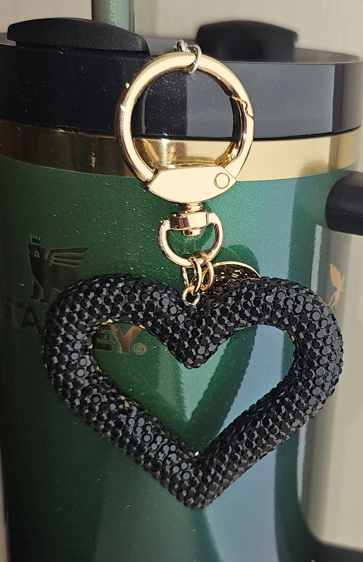 Black Rhinestone Glitter Heart with Gold Keyring. Great for straw charms, purse accessories, backpack accessories, and keychains.