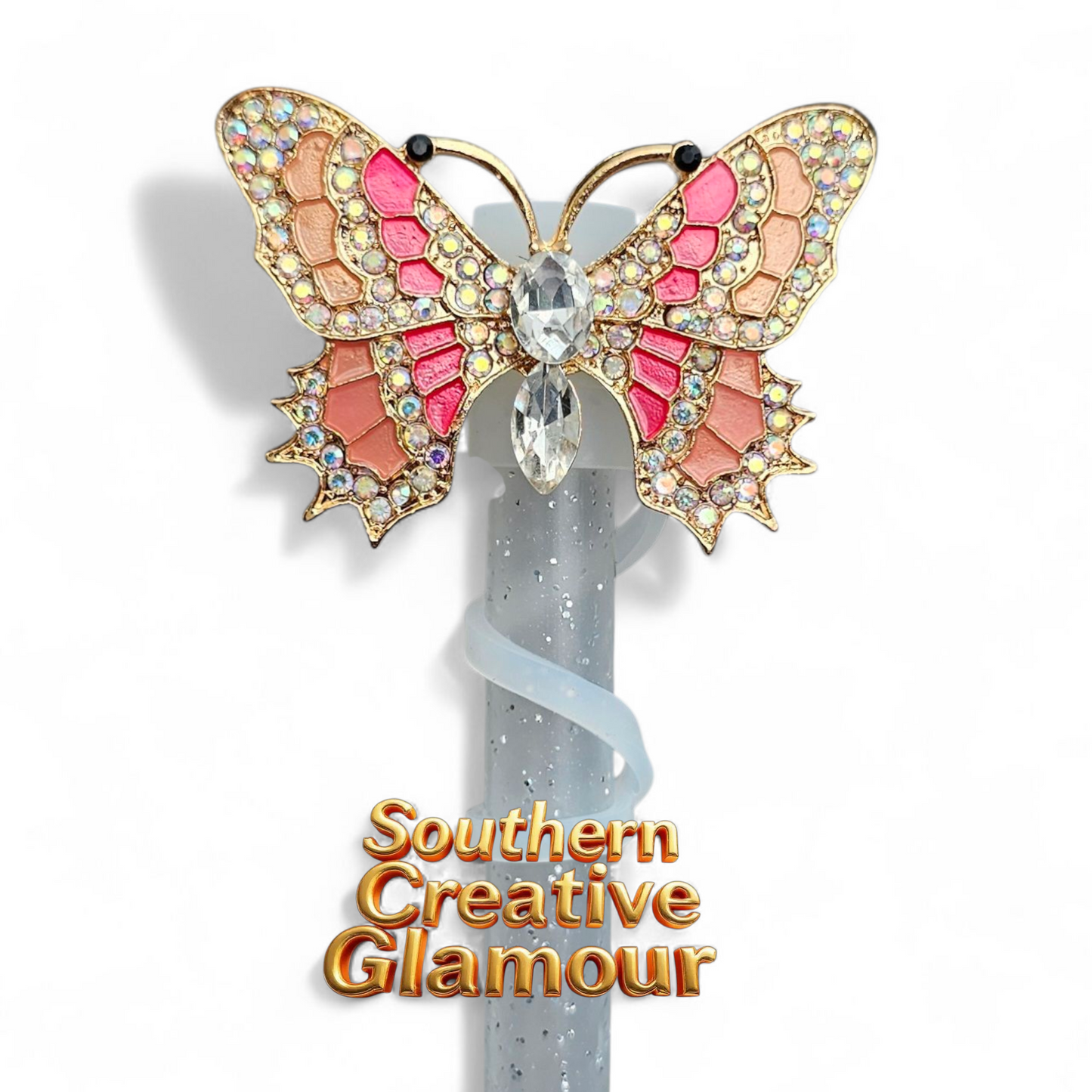 Luxury metal gold, coral, Pink, and diamond butterfly straw topper - straw cover by Southern Creative Glamour