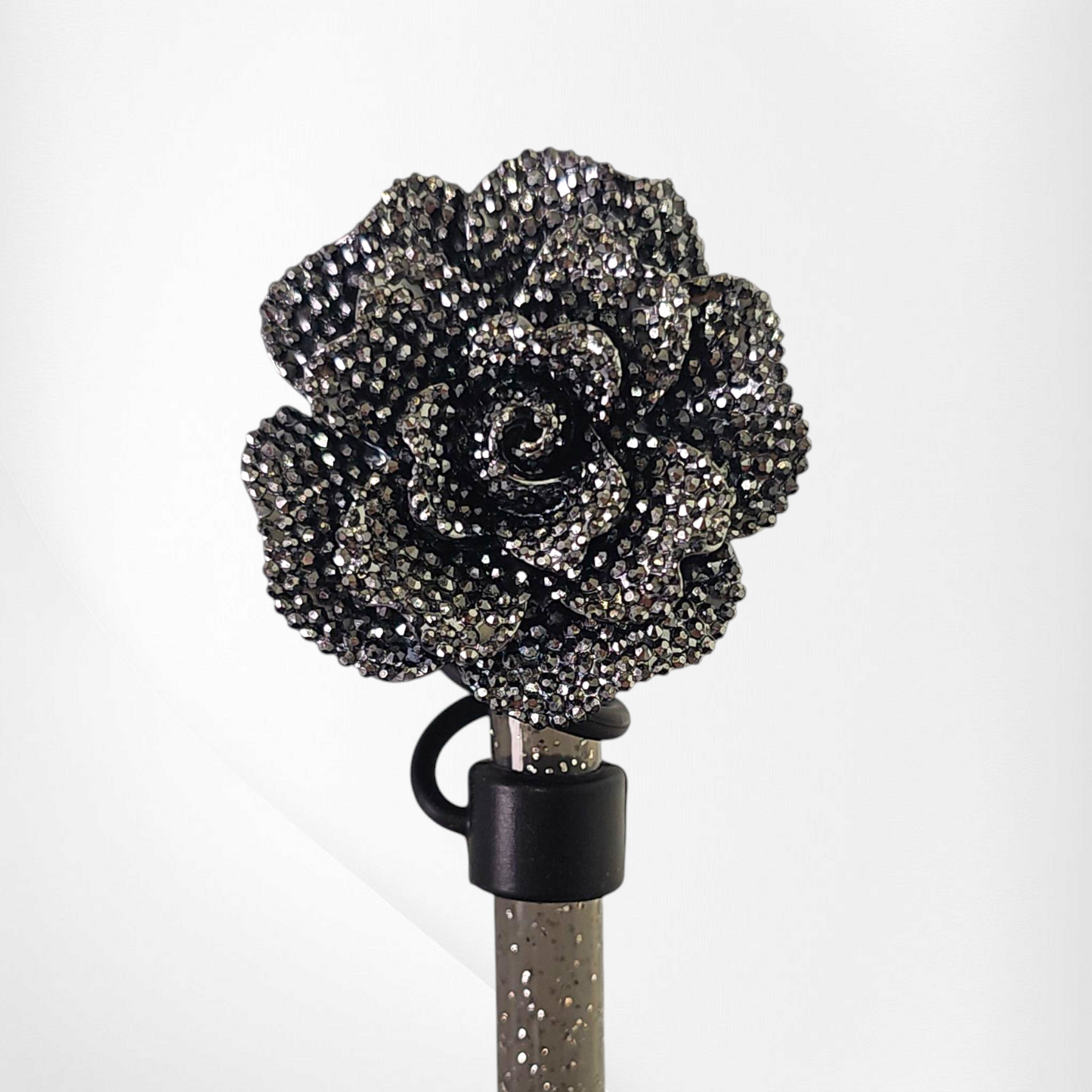 Charcoal Black Glitter Rose Straw Topper with Black Straw cap base.