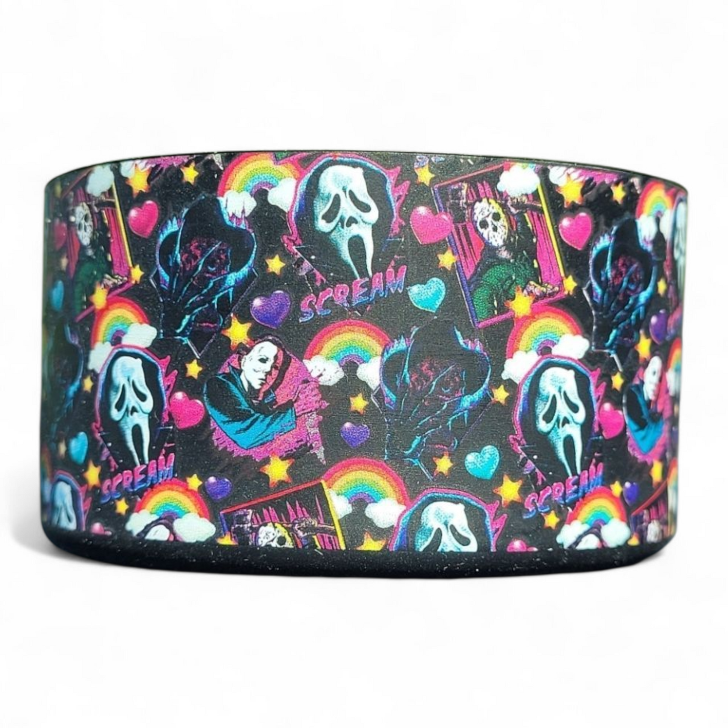 Neon Horror Movie Characters like Ghost Face and Michael Myers on a silicone tumbler boot.