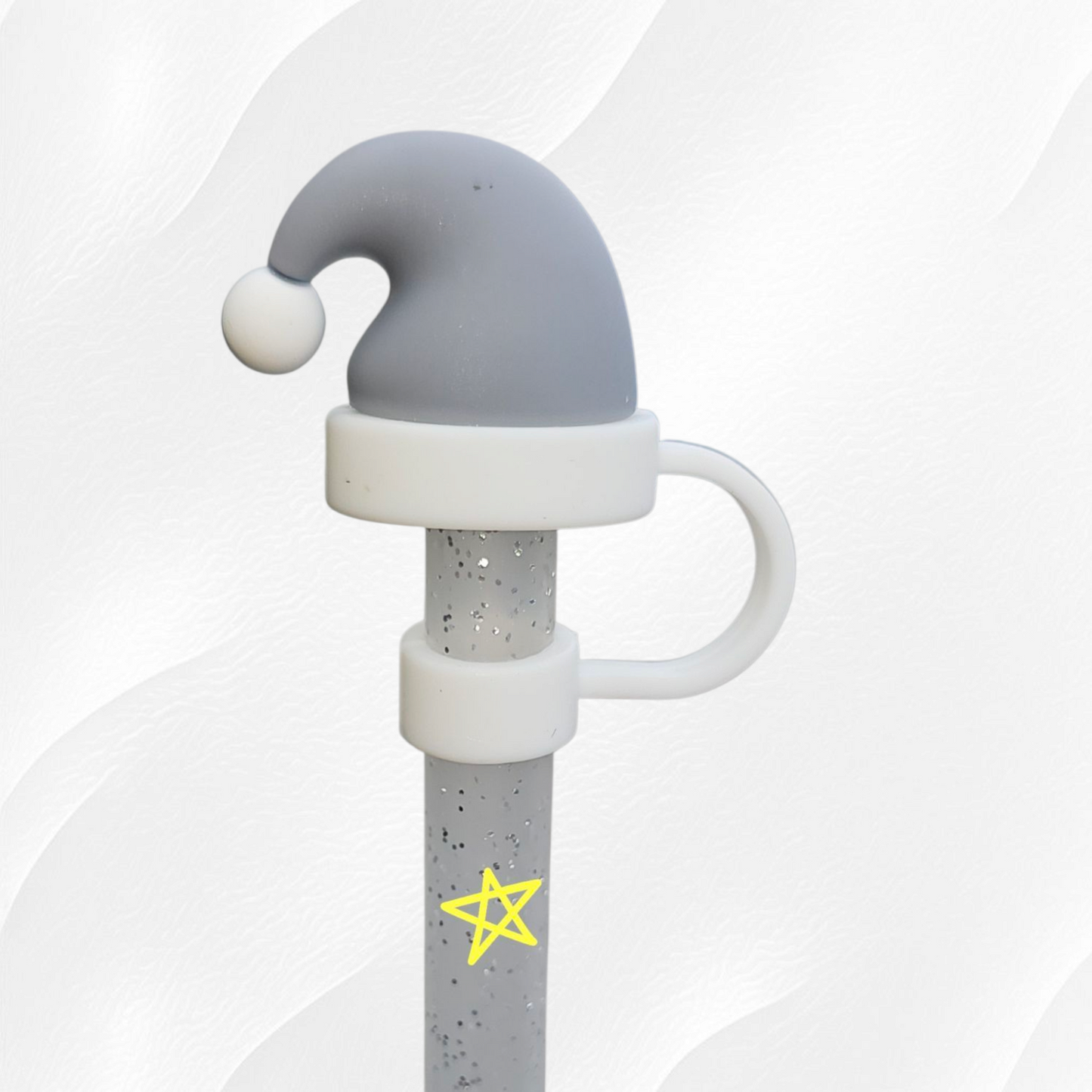 Gray Christmas Santa Hat 3D Silicone Straw Topper.