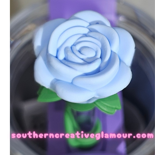 Spring Blue Rose Flower 3D Silicone Straw Topper - Straw Cover - Straw Cap