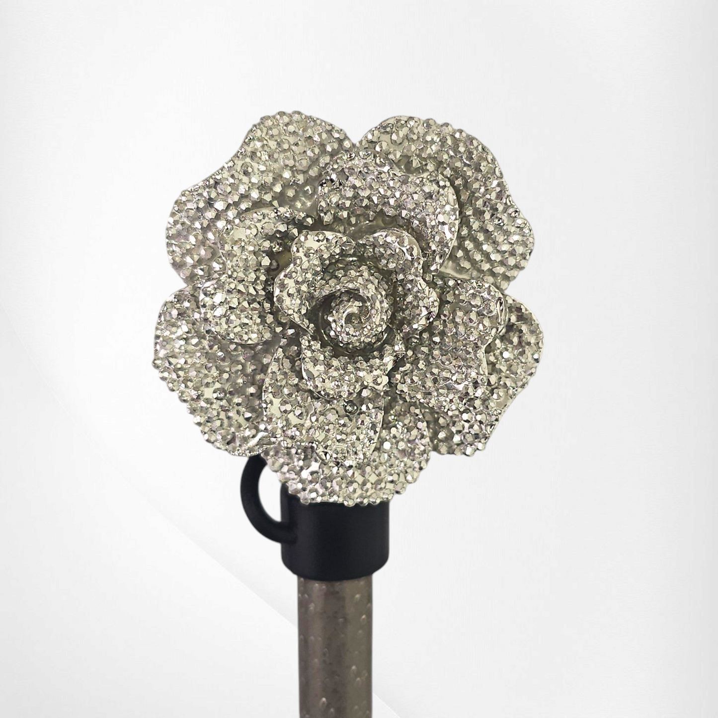 Silver Glitter Rose Straw Topper with Black Straw cap base.
