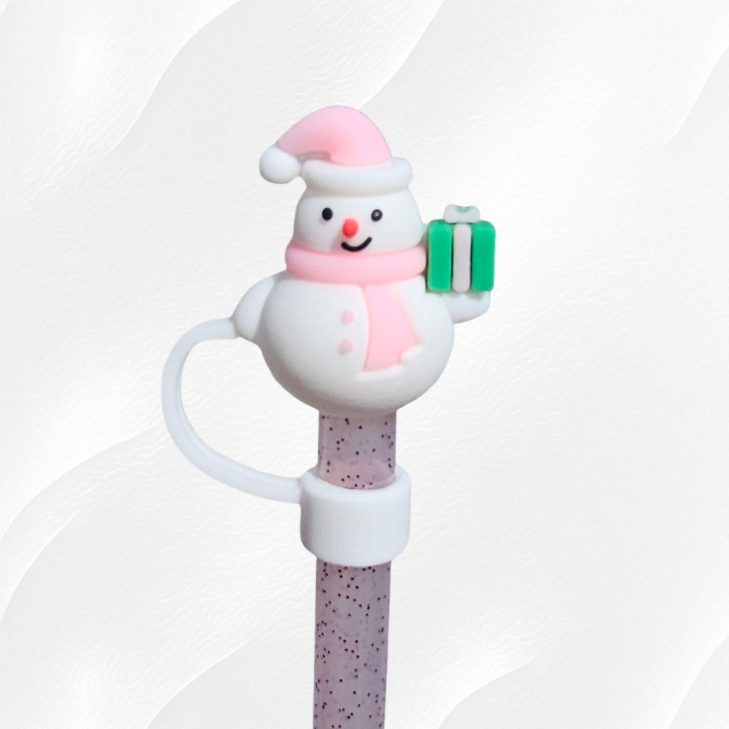 Pink and White Snowman 3D Silicone Straw Topper