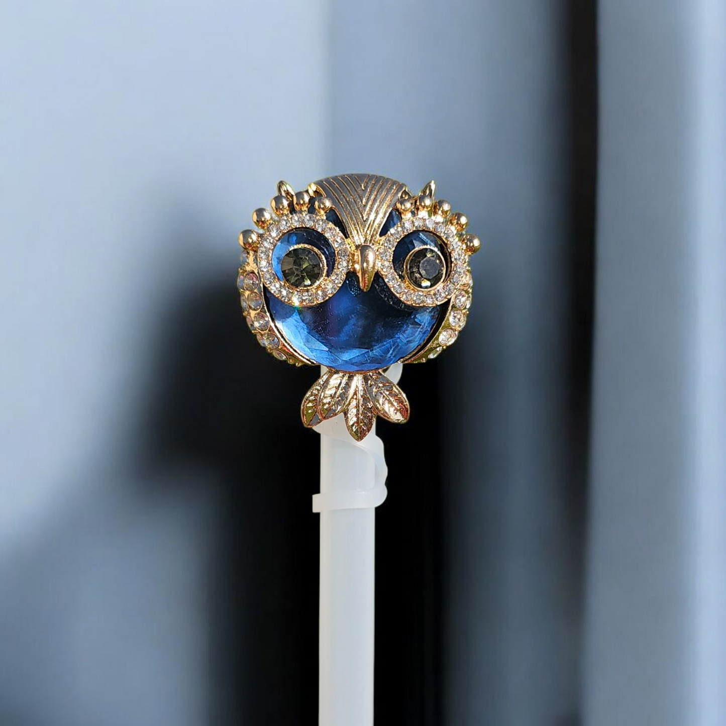 Gold Diamond and blue jewel metal Owl silicone straw topper - straw cover.
