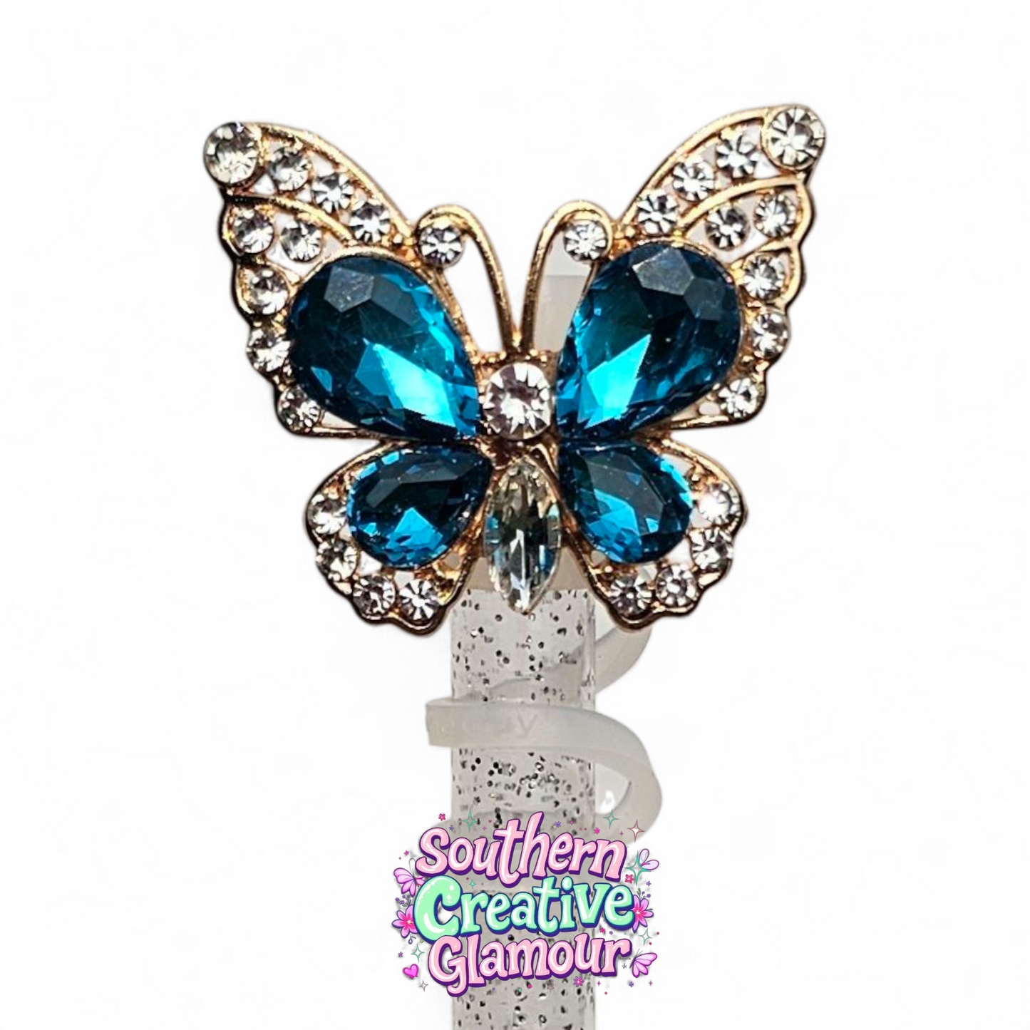 Gold & Aqua Blue Diamond & Pearl Butterfly 10mm Straw Topper | 10mm Straw Cover by Southern Creative Glamour