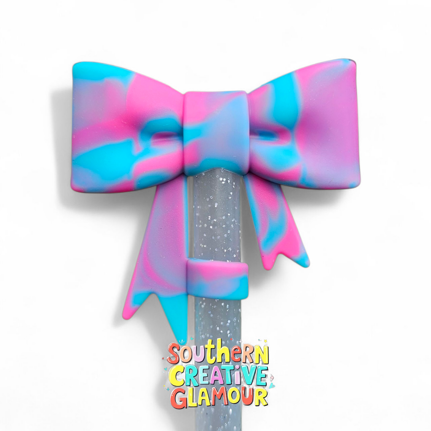 Pink and Teal Blue Cotton Candy 3D Bow Silicone 10mm Straw Topper by Southern Creative Glamour