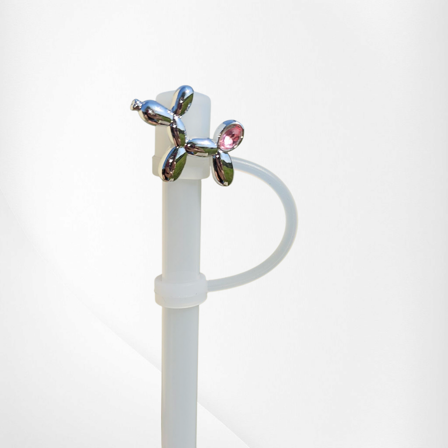 Silver Balloon Dog with Pink Diamond Silicone Straw Topper  - Straw Cover