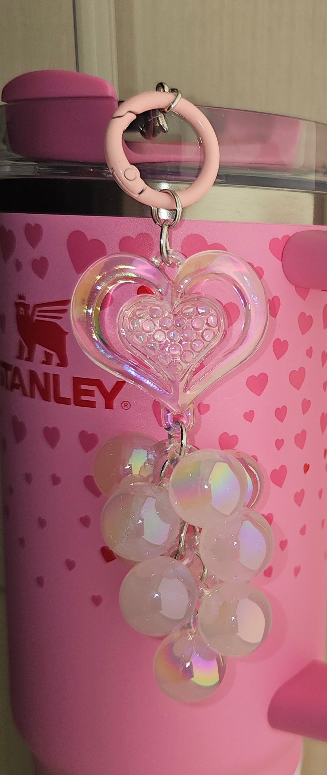 Iridescent Pearlescent Pearl Pink Heart and Jelly Beaded Charm Pendant. Use as tumbler straw charm, purse charm, bag charm, backpack charm, cellphone charm, or keychain charm.