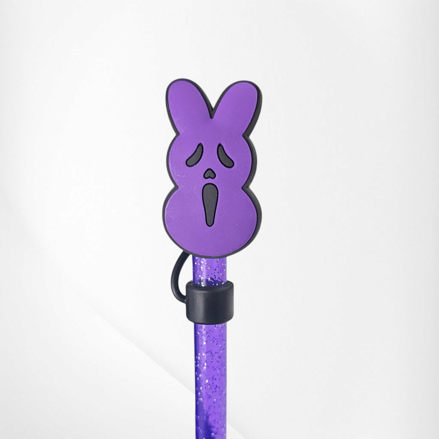 Purple and black Ghost Face & Peeps inspired Bunny straw topper - straw cover.