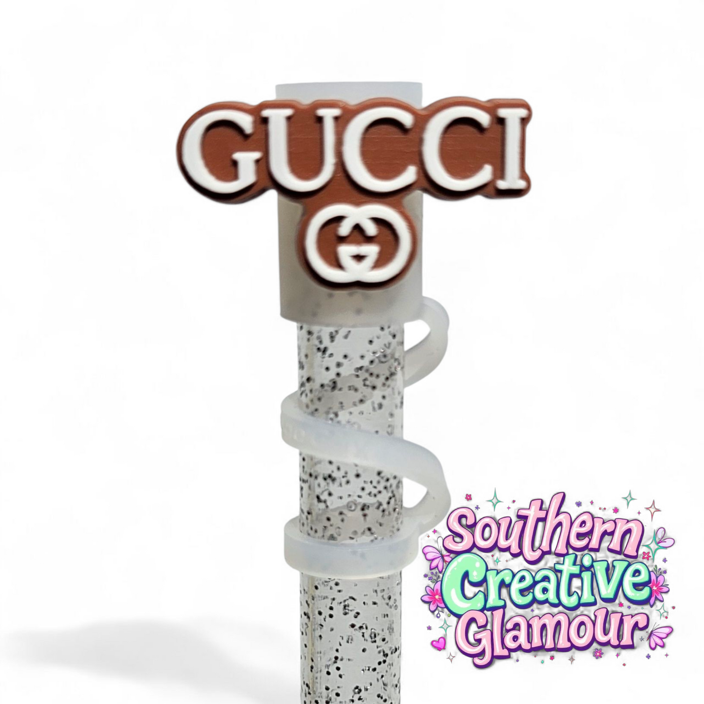 Gucci inspired Brown and White 2D Silicone 10mm Straw Topper by Southern Creative Glamour