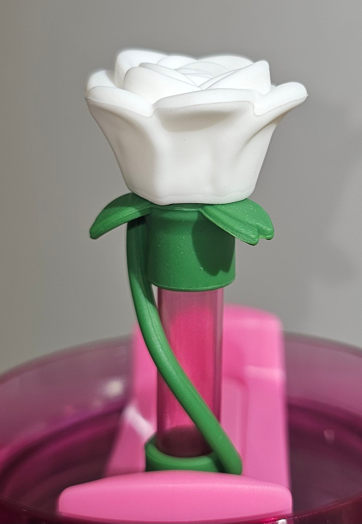 White and Green Rose Flower 3D Silicone Straw Topper - Straw Cover - Straw Cap