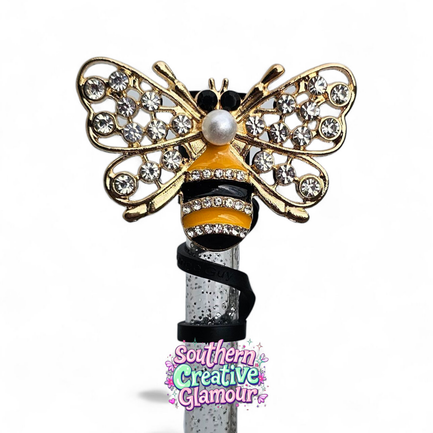 Gold Diamond Bee 10mm Straw Topper with Black Silicone Straw Topper Base by Southern Creative Glamour