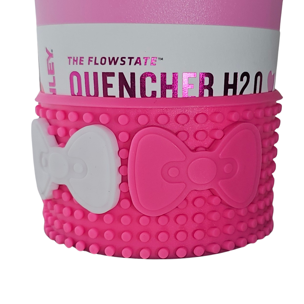 White and hot pink Silicone bows on Customizable Bow Silicone Tumbler Boot - Hot Pink. Demonstration