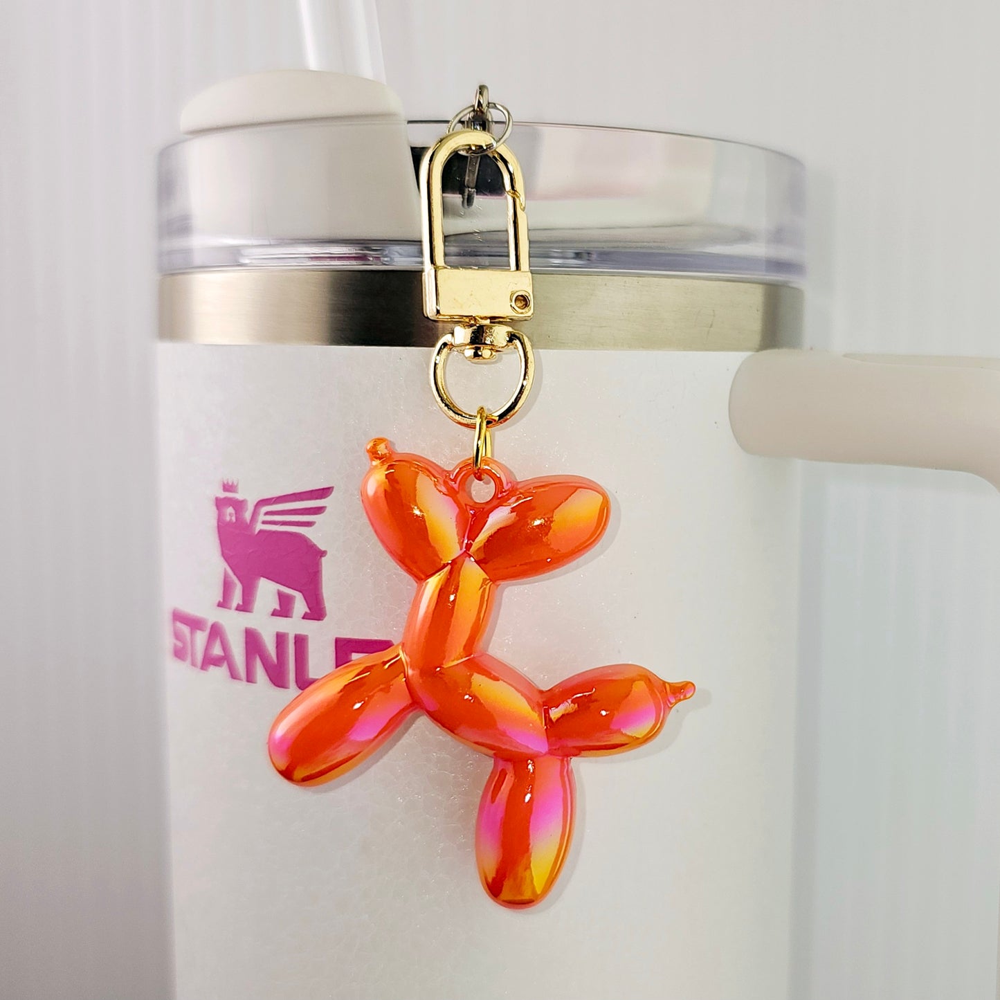 Orange Coral Fusion Balloon Dog tumbler charm wire gold swivel lobster clasp.