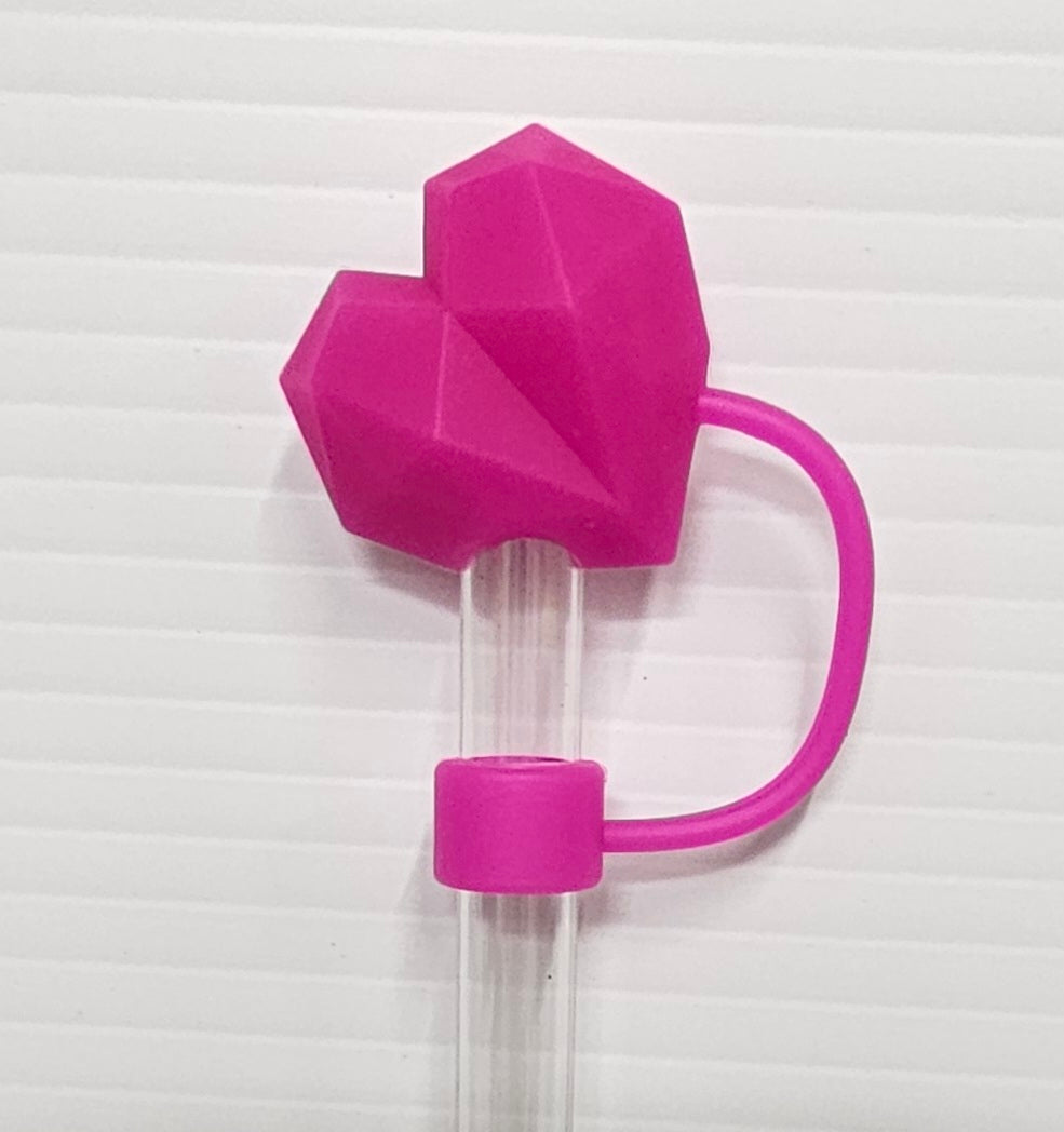 Fuschia Pink Diamond Heart Valentine's Day 3D Silicone Straw Topper - Heart Straw Cover - Straw Cap