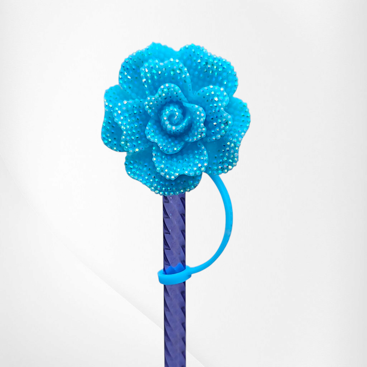 Rose Flower Glitter 8mm Straw Topper - Teal Blue