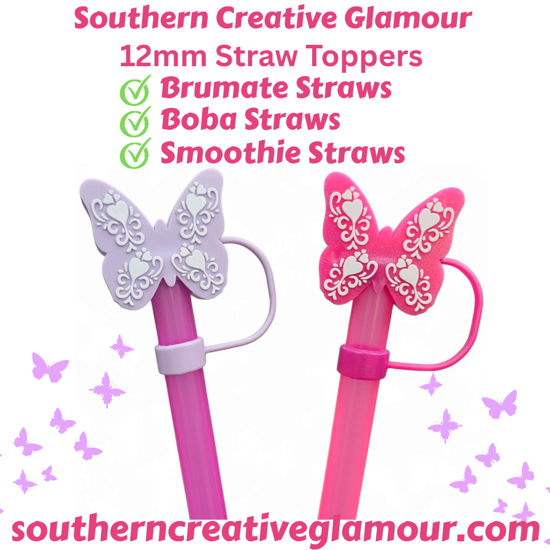 Butterfly 3D Silicone 12mm Straw Topper | Hot Pink Shimmer