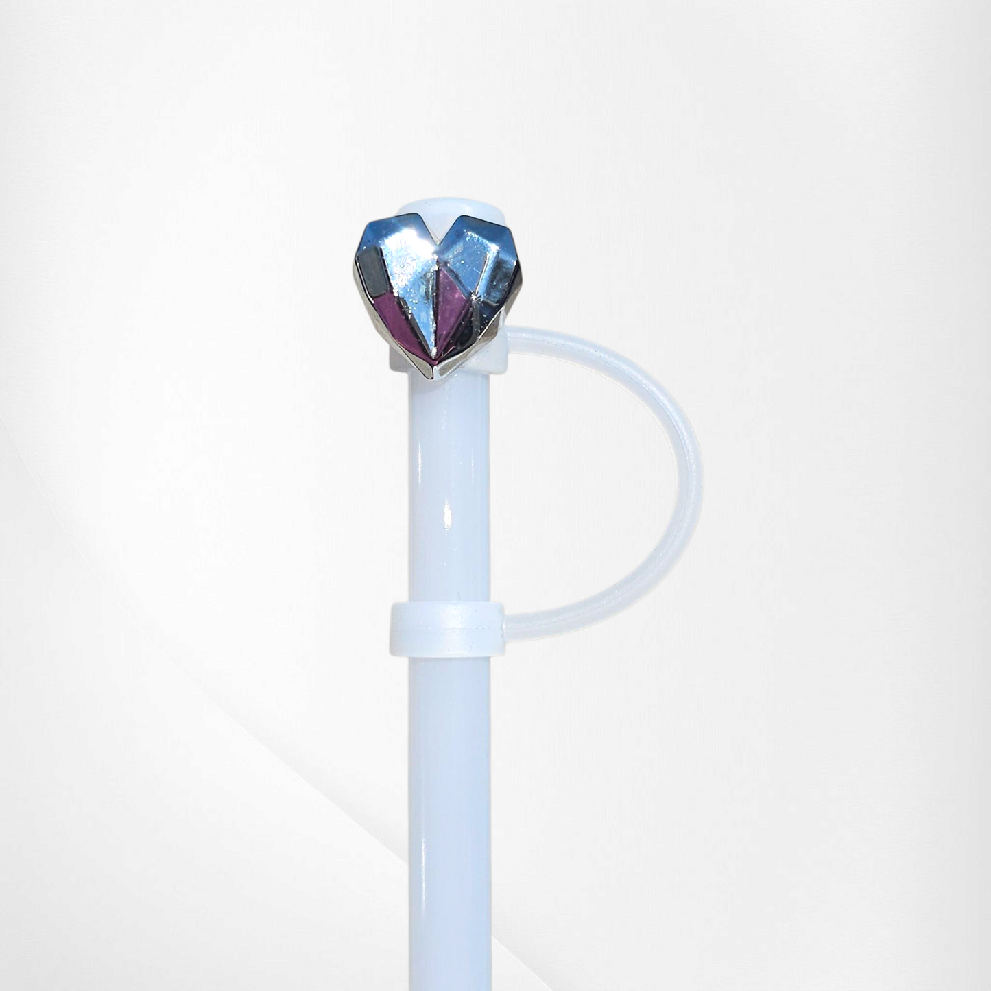 Silver Diamond Heart Silicone Straw Topper  - Straw Cover