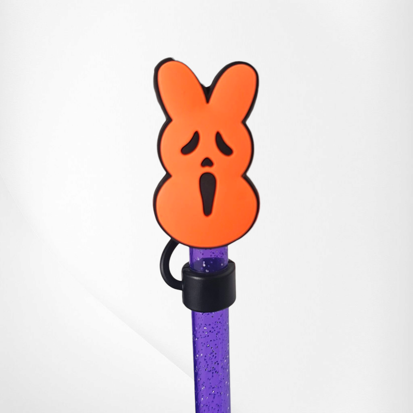 Orange and black Ghost Face & Peeps inspired Bunny straw topper - straw cover.