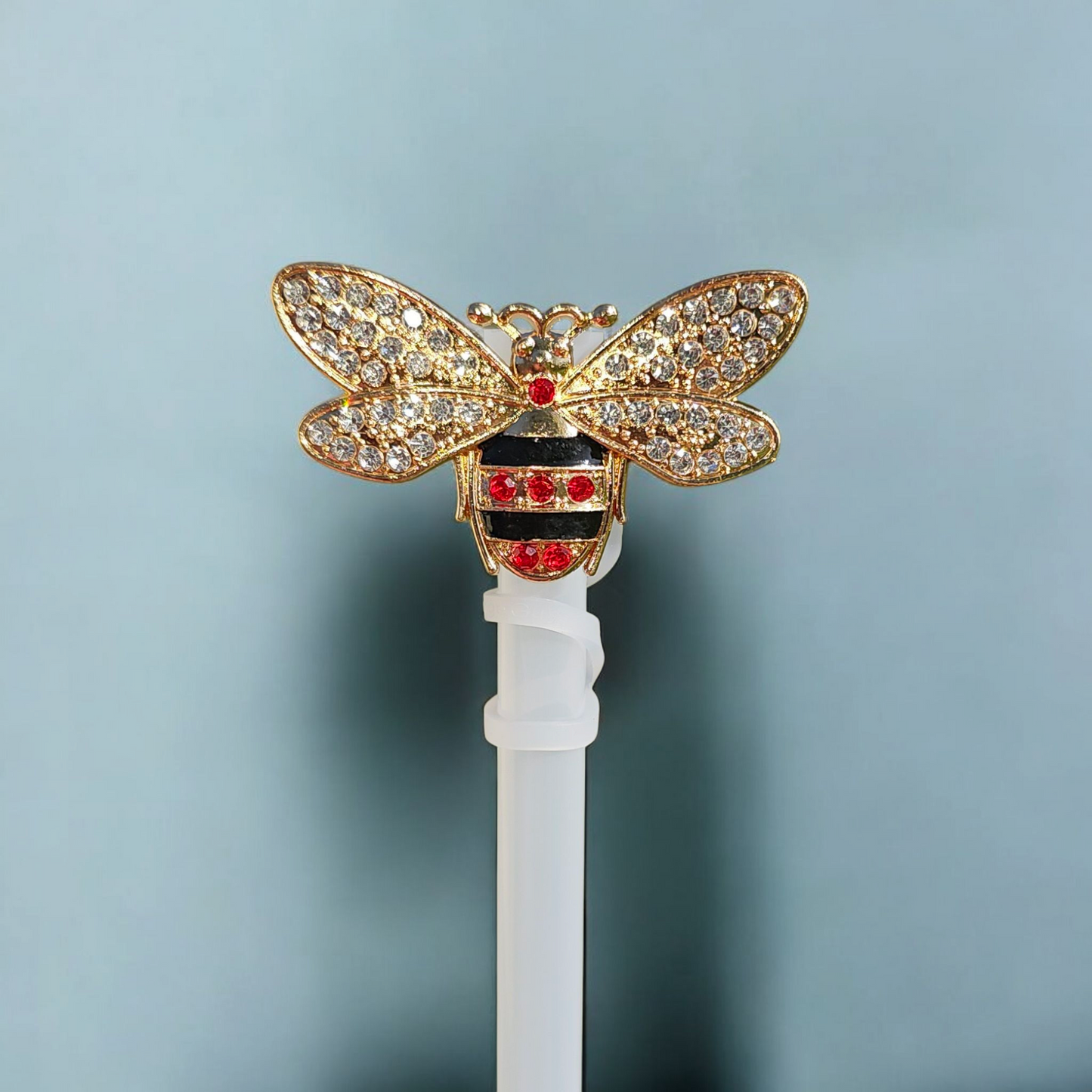 Deluxe gold diamond, red jewels, and black metal Bumblebee Silicone Straw Topper